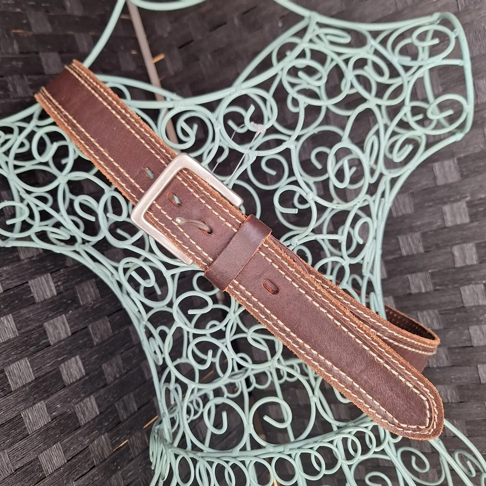Genuine Leather Belt Wide Western Cowboy Metal Belt Buckle Thick Boho Casual 34 - Picture 2 of 15
